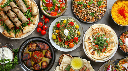 Assorted of Arabic oriental dishes. top view with close up . Ai Generative