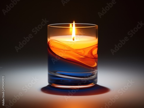  a close up of a candle in a glass with a light on the inside of the glass in the middle of the picture, on a dark background with only one candle in the middle of the glass.
