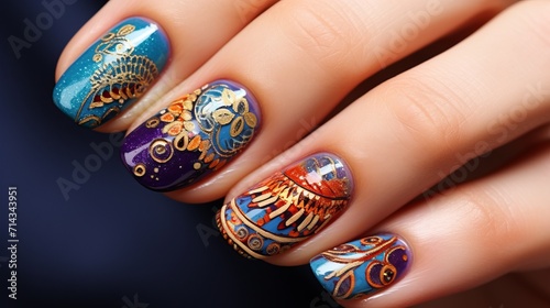 Vibrant close up of colorful and intricate nail art designs with studio lighting