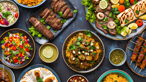 Assorted of Arabic oriental dishes. top view with close up . Ai Generative