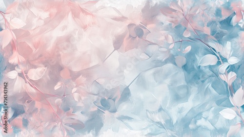  a painting of pink and blue leaves on a white and blue background with a pink and blue border over the top of the image and bottom half of the image. photo