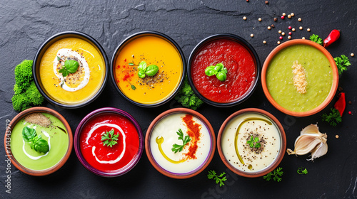 Assortment of colored vegetable cream soups Dietary food. On a black stone background. Ai Generative