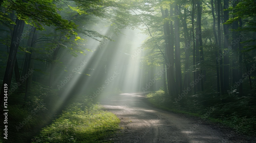 Fototapeta premium a dirt road in the middle of a forest with beams of light coming from the trees on either side of the road and on the other side of the road.