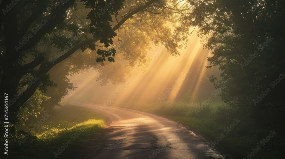 a dirt road in the middle of a forest with sunbeams shining through the trees on either side of the road is a tree lined road with grass and bushes on both sides. a dirt road in the middle of a forest with sunbeams shining through the trees on either side of the road is a tree lined road with grass and bushes on both sides.