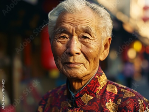 Photorealistic Old Chinese Man with Blond Straight Hair vintage Illustration. Portrait of a person in 1970s era aesthetics. Disco fashion. Historic photo Ai Generated Horizontal Illustration.