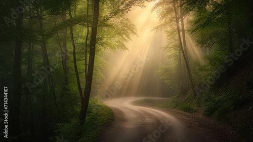  a dirt road in the middle of a forest with sunbeams shining through the trees on either side of the road is a dirt road that leads to a forest with lots of trees on both sides.