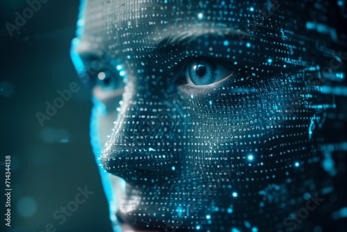 Concept of Artificial Intelligence or AI, Human face with binary codes, dots and lines - AI Generated photo