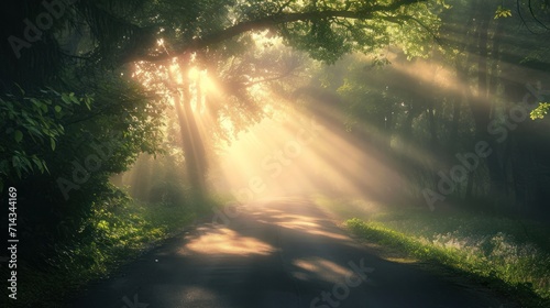  a road in the middle of a forest with sunbeams coming through the trees on either side of the road and the sun shining through the trees on the other side of the road.
