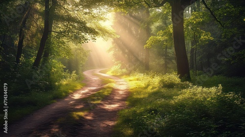  a dirt road in the middle of a forest with sunbeams shining through the trees on either side of the road is a dirt path with green grass and trees on both sides.