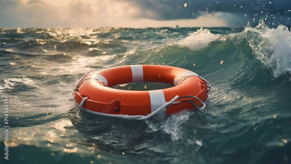 Lifebuoy floating on sea in storm weather 