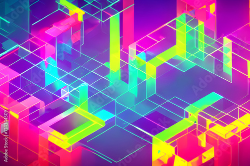 Neon 3D Labyrinth Grid Abstract. Eye-catching 3D neon labyrinth with a holographic grid, ideal for modern tech and gaming designs.