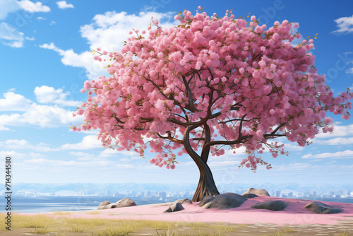 A beautiful cherry blossom tree with pink flowers and a blue sky