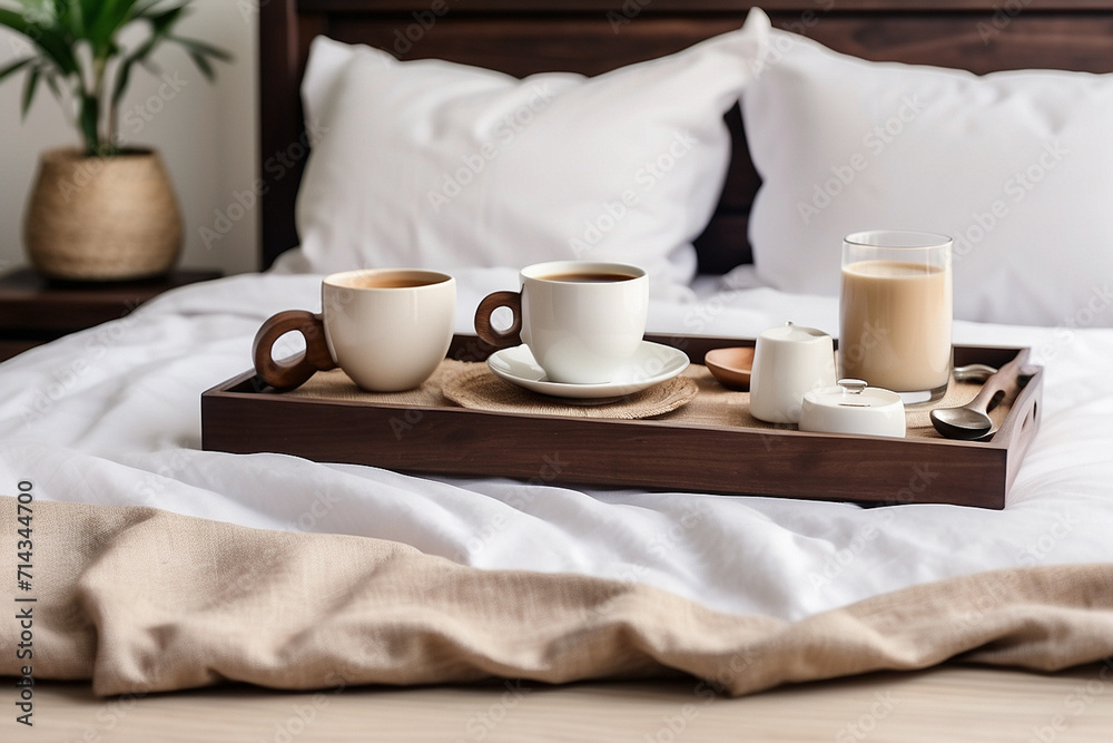 Wooden tray with coffee and interior decor on the bed with white linen. Copyspace image. Header for website template