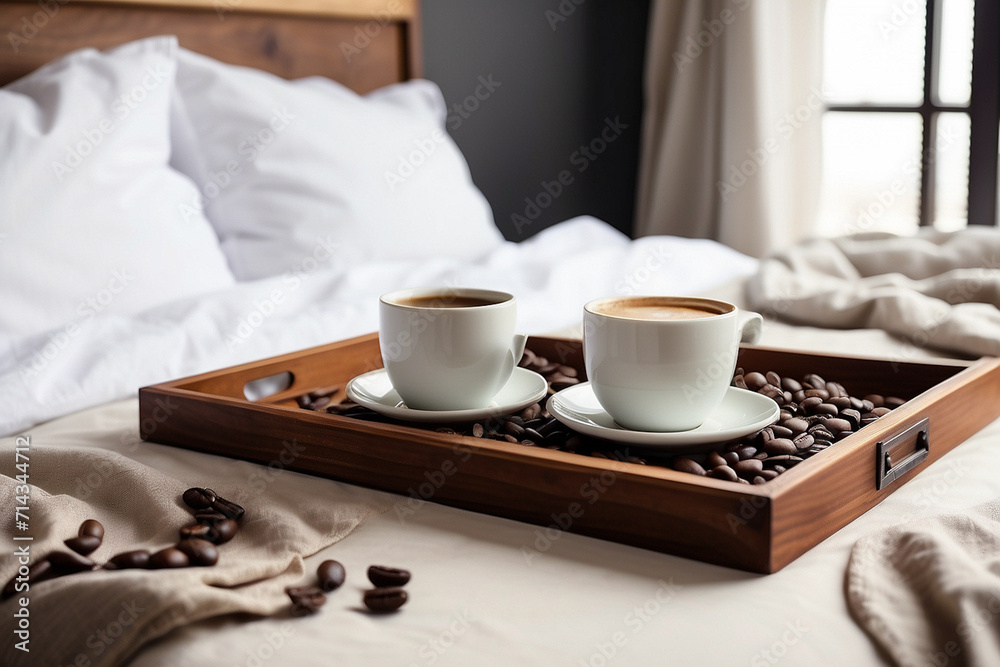 Wooden tray with coffee and interior decor on the bed with white linen. Copyspace image. Header for website template Wooden tray with coffee and interior decor on the bed with white linen. Copyspace image. Header for website template