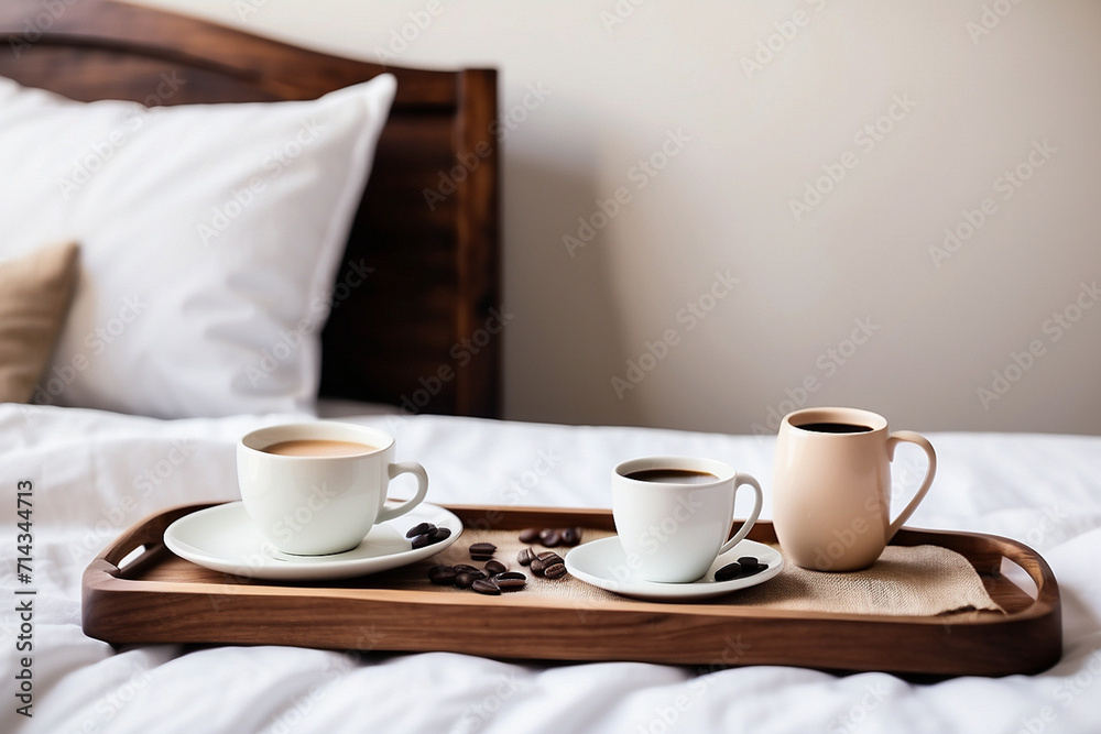 Fototapeta premium Wooden tray with coffee and interior decor on the bed with white linen. Copyspace image. Header for website template