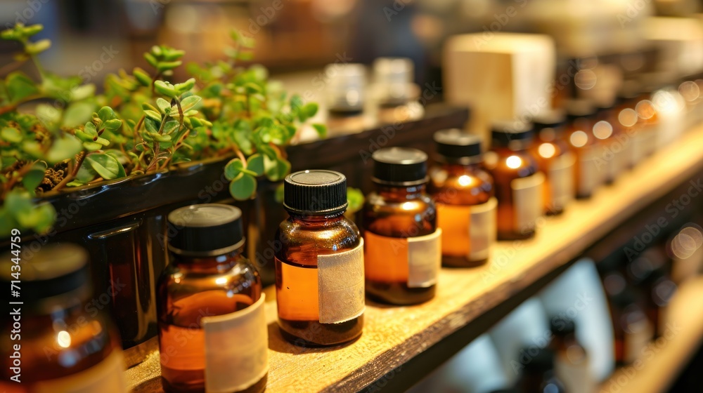 a shelf filled with lots of bottles filled with liquid next to a potted plant on top of a wooden shelf next to a potted plant on top of another shelf. a shelf filled with lots of bottles filled with liquid next to a potted plant on top of a wooden shelf next to a potted plant on top of another shelf.