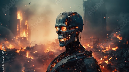World war destruction concept. Artificial intelligence robot in the destroyed city. Fire and devastation. AI Generated photo