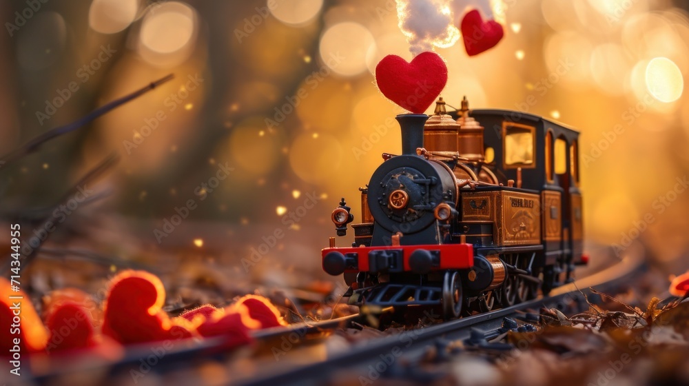 A whimsical setup of a small toy train with heart shaped smokes coming out of its engine, ready to deliver love and joy this Valentine's Day.  - obrazy, fototapety, plakaty 