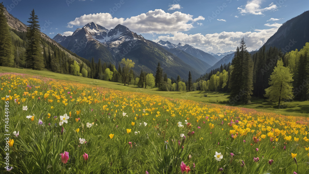 spring meadow with yellow flowers, forest and mountains in the back