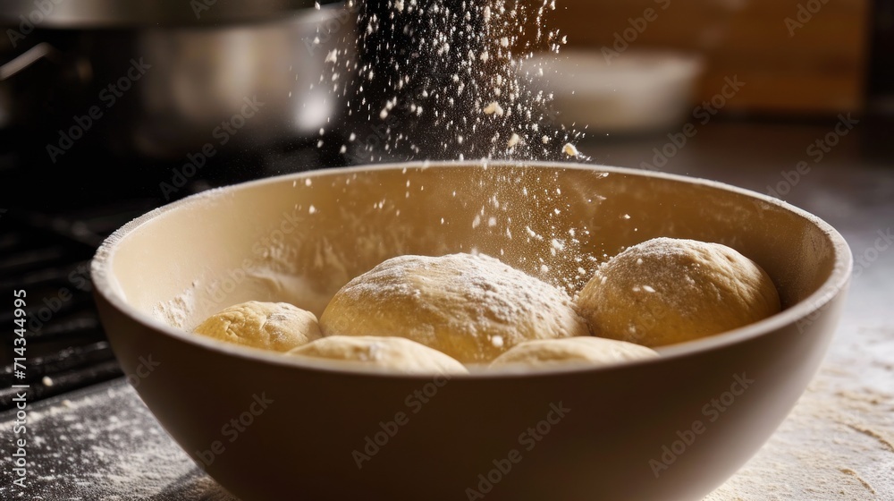  a bowl filled with balls of dough sprinkled with flour on top of a counter top next to a pot of cooking utensils and a stove top.