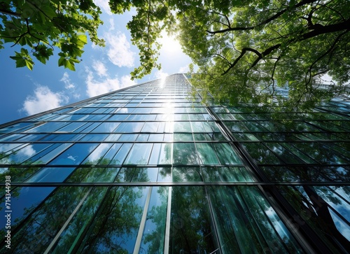 View of trees in front of a glass building against blue sky