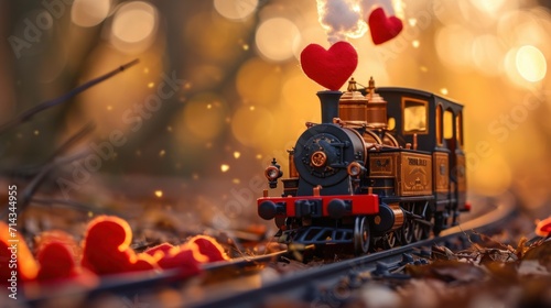 A whimsical setup of a small toy train with heart shaped smokes coming out of its engine, ready to deliver love and joy this Valentine's Day.  photo
