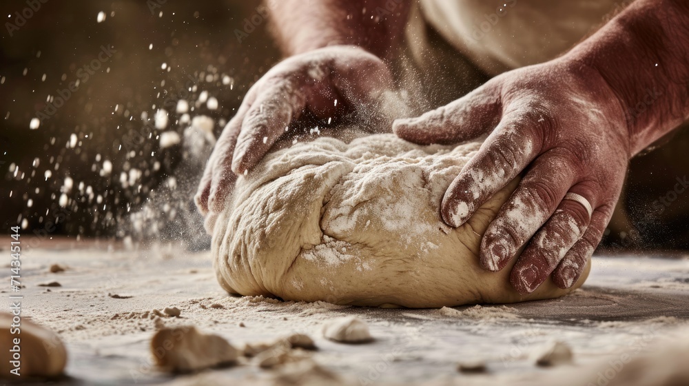 a close up of a person kneading dough on a table with other kneads in front of him and a lot of flour on the ground behind them. a close up of a person kneading dough on a table with other kneads in front of him and a lot of flour on the ground behind them.
