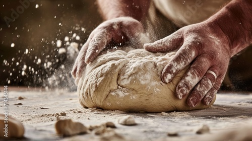  a close up of a person kneading dough on a table with other kneads in front of him and a lot of flour on the ground behind them.