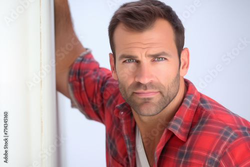 handsome confident caucasian man with short facial hair and red plaid shirt photo