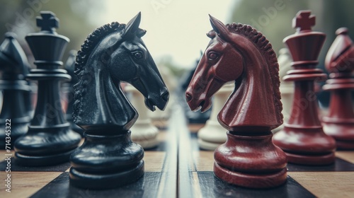 Group of Chess Pieces on Wooden Table
