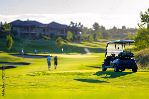 A day at a golf course, nice weather, nice course. Golf cart in front, golfers walking to the green.