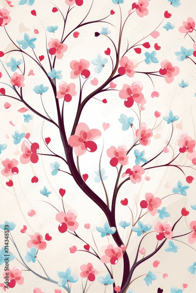 Playful Heart Foliage Pattern - Light-hearted Romance with Pink Blossoms, Valentine's Day Concept