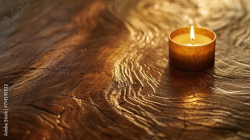  a candle sitting on top of a wooden table next to a glass of water on top of a wooden table with a reflection of light on top of the table.