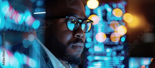 African man analyzing financial data at night in an office with virtual overlays and advanced software.