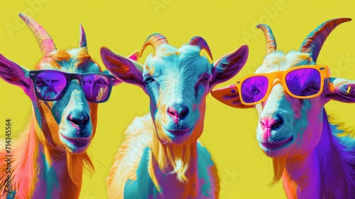 Three Goats Wearing Sunglasses and Standing Together