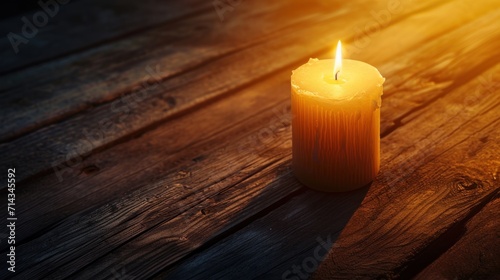  a lit candle sitting on top of a wooden table next to a bottle of wine and a glass of wine on top of a wooden table top of a wooden table.