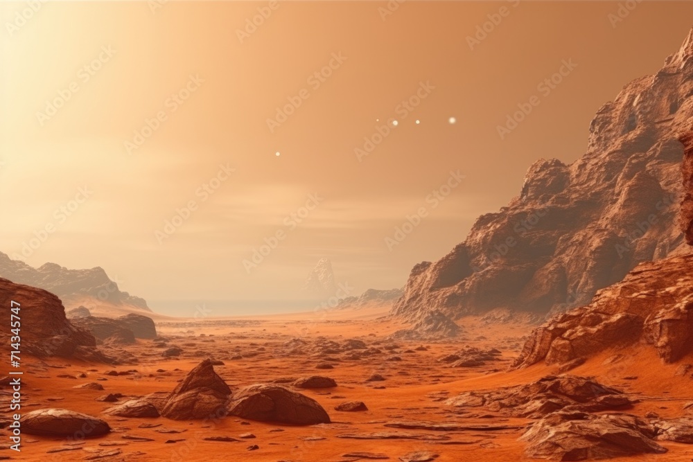 Rusty orange Martian landscape with cliffs and sand. - obrazy, fototapety, plakaty 