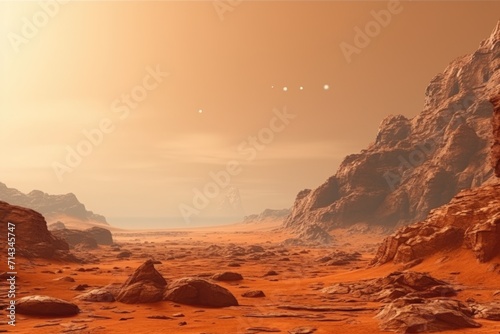 Canvas Print Rusty orange Martian landscape with cliffs and sand.
