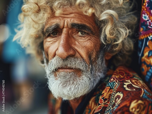 Photorealistic Old Persian Man with Blond Curly Hair vintage Illustration. Portrait of a person in 1970s era aesthetics. Disco fashion. Historic photo Ai Generated Horizontal Illustration.