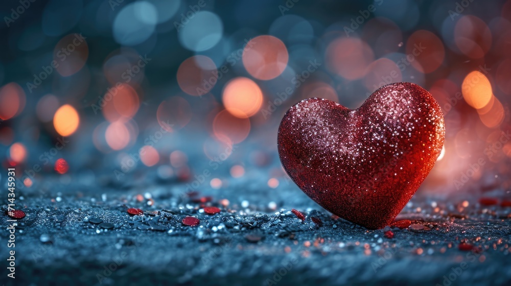 Fototapeta premium Glittering Red Heart on Textured Surface - Magical Intimate Setting, Valentine's Day Concept