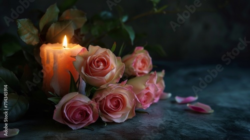 Lit Candle Surrounded by Roses on Table - Romantic and Cozy Ambiance