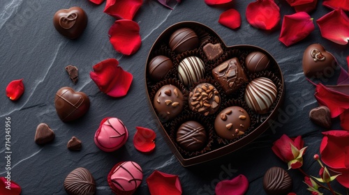 Heart-Shaped Chocolate Box - Rich Colors Amidst Red Petals, Valentine's Day Concept