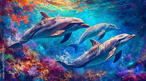 Three Dolphins Swimming in the Ocean - A Serene and Majestic Painting