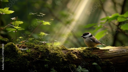  a small bird perched on a mossy log in a forest with sunlight streaming through the trees and leaves on the ground and behind it is a light beam of sunlight.