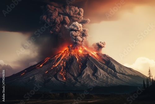 Volcano eruption. Lava running down the mountain. Smoke and fire. AI Generated 