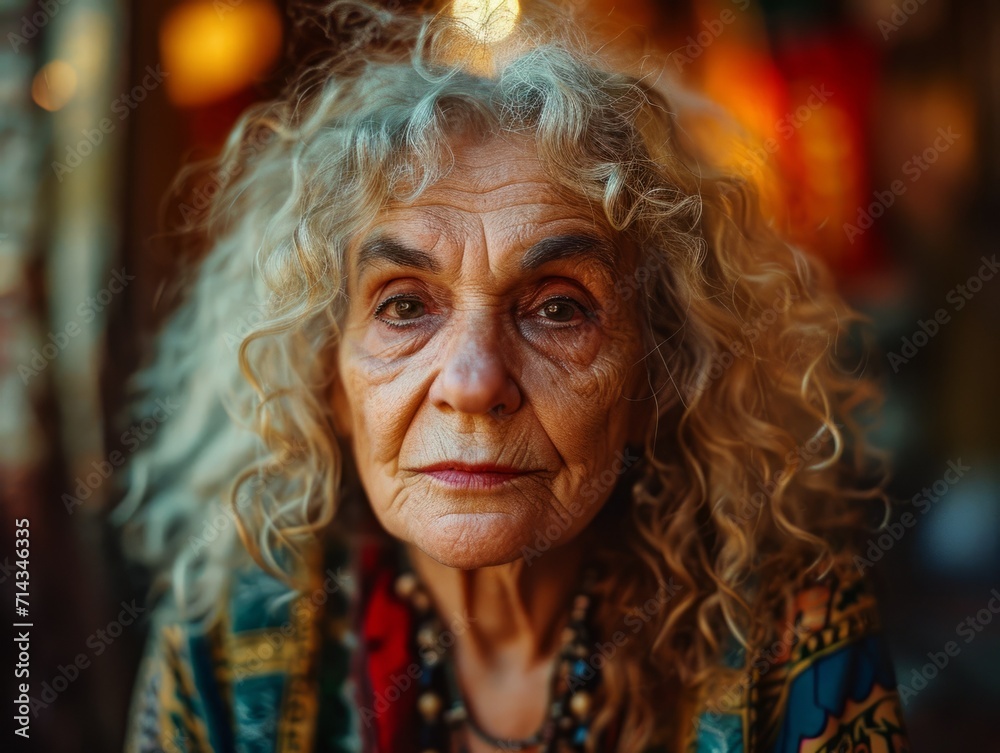 Photorealistic Old Persian Woman with Blond Curly Hair vintage Illustration. Portrait of a person in 1970s era aesthetics. Disco fashion. Historic photo Ai Generated Horizontal Illustration. Photorealistic Old Persian Woman with Blond Curly Hair vintage Illustration. Portrait of a person in 1970s era aesthetics. Disco fashion. Historic photo Ai Generated Horizontal Illustration.