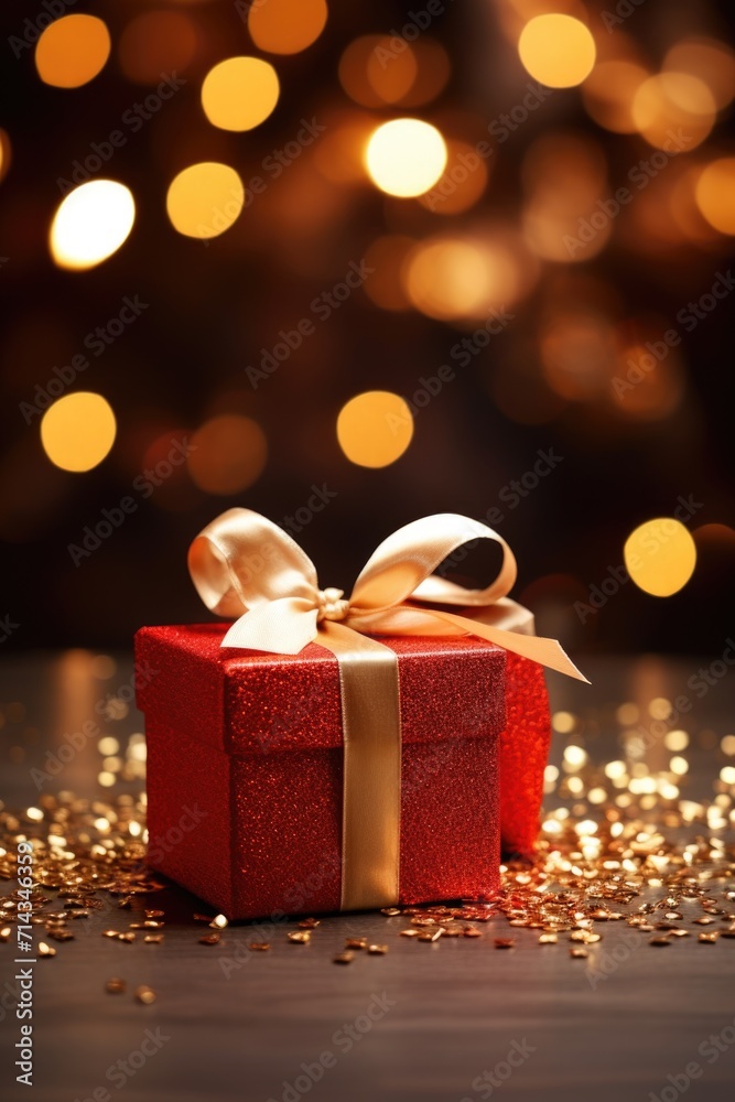 Festive Red Gift Box with Golden Glitter - Magical Bokeh Background, Valentine's Day Concept Festive Red Gift Box with Golden Glitter - Magical Bokeh Background, Valentine's Day Concept