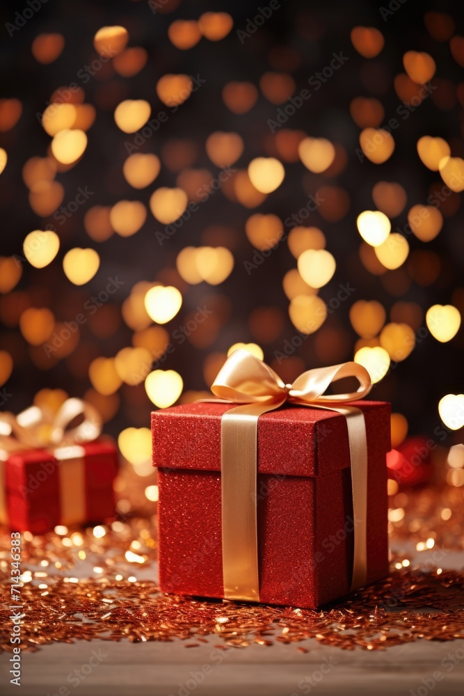 Festive Red Gift Box with Golden Glitter - Magical Bokeh Background, Valentine's Day Concept Festive Red Gift Box with Golden Glitter - Magical Bokeh Background, Valentine's Day Concept