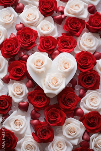 Serene Elegance with Roses - Heart Objects on White Marble  Valentine s Day Concept