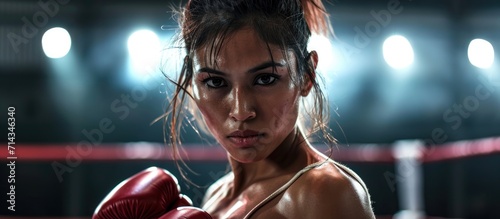 Female Muay Thai fighter in the boxing ring. photo